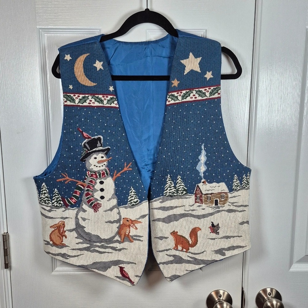 Vintage tapestry vest snowman winter christmas cottage star moon womens XL / 1X